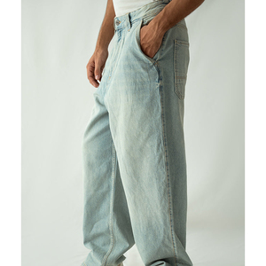 Nouveau Jean Baggy Unisexe Vintage Streetwear Rétro Hip Hop en Denim Selvedge Brut à Motif Uni Coupe Ample Hiver Bleu Clair Délavé - Product Image 4