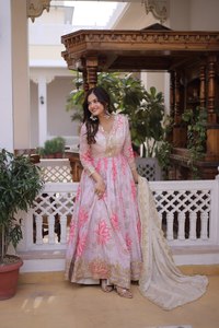 TENNECY Digital Printed Russian Silk Embroidery Zari Sequins-work Premium Readymade Wrinkle-Free Reversible <b>Ankle</b>-Length Party - Product Image 3