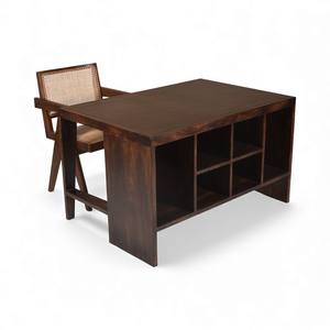 Juego de Muebles de Oficina Estilo Pierre Jeanneret al por Mayor, Escritorio de Madera Maciza con Superficie de Cuero Verde y Silla de Oficina de Ratán con Patas en V - Product Image 3