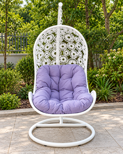 Fauteuil suspendu en rotin PE blanc avec coussin violet, balançoire de patio extérieure au design contemporain pour 1 personne - Product Image 6