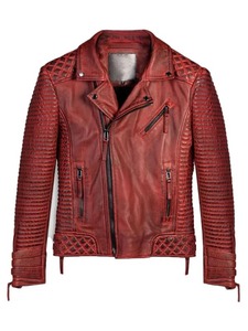 Chaqueta de Motociclista de Cuero Encerado Roja para Hombre - Product Image 1