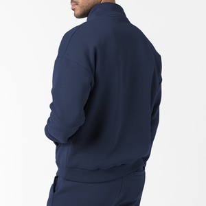Men's <b>Navy</b> Blue Quarter Zip <b>Sweatshirt</b> Set Regular Fit Casual Solid Color Knitted French Terry Autumn Wear - Product Image 5