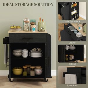 Isola Cucina Portatile Moderna in Legno Nero con Vano Portaoggetti, Caricatore e Cassetto Porta Spezie, Carrello da Cucina Mobile per Casa - Product Image 4