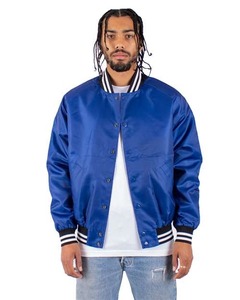 Veste de baseball bleue pour homme, veste bomber en satin, boutons pression, col et poignets côtelés, bordure rayée, streetwear - Product Image 1