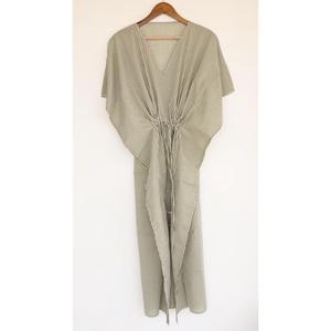 Vestido Maxi Kaftan Boho Chic con Estampado de Rayas Verdes, Cuello en V, Corte Holgado, Algodón, Casual, Verano, para Mujer - Product Image 1