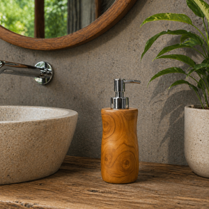 Distributeur de savon ARTERRA en teck écologique de qualité supérieure, pompe en acier inoxydable, design moderne et luxueux, durable, facile à nettoyer, pour salle de bain - Product Image 6