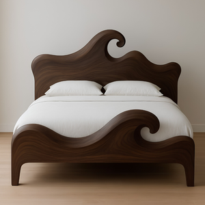 Lit en bois de teck Deep Sea Surge avec tête de lit artistique à motif tourbillonnant, sanctuaire de sommeil asymétrique en bois - Product Image 1