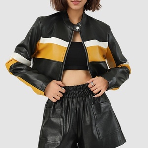 New <b>Ladies</b> <b>Cropped</b> Biker Leather <b>Jacket</b> Long Sleeve Waterproof Winter Outwear with Stand Collar Solid Pattern Motorcycle <b>Jacket</b> - Product Image 5