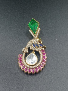 Peacock <b>Brooch</b> Emerald Cut Green Stone Ruby Accents Gold Plated Unisex Wedding Engagement Party Jewelry Statement Piece - Product Image 1