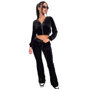 Custom Logo <b>Crop</b> <b>Top</b> 2 Piece Custom Rhinestone Logo Velvet Cropped Hoody Y2k Women's Sweatpants and Hoodie Set - Product Image 1