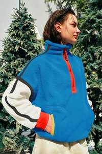 Sweat-shirt à capuche oversize pour femme, bleu, avec empiècements contrastants, demi-zip, en polaire, manches longues, style streetwear décontracté, coupe ample - Product Image 3