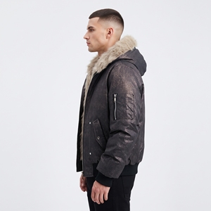 <b>Men</b>’s Faux Leather Fur <b>Hooded</b> Bomber <b>Jacket</b> Winter Shearling Collar Padded <b>Jacket</b> with Full-Zip Front & Utility Pockets - Product Image 5