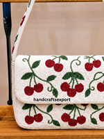 Sac bandoulière pour femme, artisanal, à motif cerise perlé, style bohème, avec rabat magnétique, logo personnalisé, robuste, professionnel, de luxe, portable