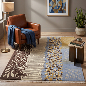 Tapis en laine géométrique botanique marron, moutarde et bleu, à motifs de panneaux mixtes, motifs de feuilles et design de lignes entrelacées, antidérapant - Product Image 3