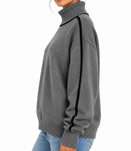 Sudadera de cuello alto grueso para mujer, estilo oversize, con mangas raglán, ribete negro y dobladillo acanalado, jersey de punto, fabricante OEM - Product Image 3