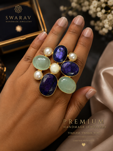 Anillo con Forma de Flor, con Zafiro, Aguamarina y Perla Semipreciosas, Chapado en Oro de 18K, Joyería Cristiana, Hecho a Mano, para Fiesta - Product Image 4