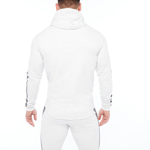 Sweat-shirt à capuche zippé blanc pour homme, coupe ajustée, en molleton bouclette décontracté avec rayures grises, idéal pour l'automne - Product Image 6
