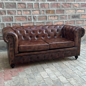 Vintage Distressed Brown Leather <b>Sofa</b> <b>Wood</b> <b>Frame</b> Eco-Friendly L-Shape Deep Button Tufting Rolled Arms Nailhead Trim Classic - Product Image 2