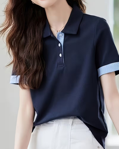 Women's Navy Blue Solid for Shirt Short Sleeve Contrast Trim Casual Eco-Friendly Quick Dry Breathable Regular Length Jersey - Product Image 1