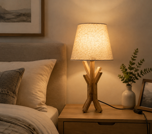 Lampe de table scandinave en bois artisanal avec abat-jour en lin blanc E27 LED Lumière chaude 2700K pour l'éclairage décoratif de la chambre - Product Image 2