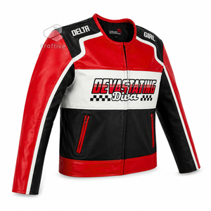 Delta |   Sigma |   Blouson de course pour femme Theta en cuir véritable, fermeture éclair sur le devant, brodé, style motard, vêtement d'extérieur pour le sport automobile - Product Image 3