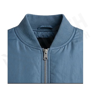 Blue Bomber Jacket Full Sleeve Stand Collar Zipper Closure Polyester Filling Solid Color Winter Wear - Product Image 4