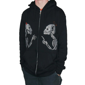 Sudadera con Capucha Negra para Hombre, Diseño de Calaveras con Pedrería, Cierre de Cremallera, Estilo Gótico, Corte Regular, Ropa de Otoño - Product Image 3