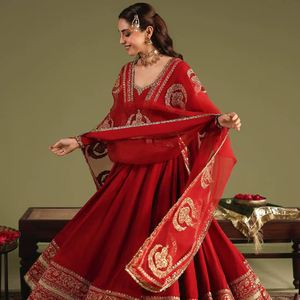 Latest and elegant Chiffon zari and Thread Work <b>Boat</b> Neck Sleeveless Flared Hem <b>Floor</b> Touch Party Wear Anarkali Dress for Women - Product Image 1