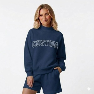 Women Mockneck Solid Fleece Winter Streetwear 2 Piece Casual Shorts Set Polyester Cotton Soft Knitted Customized Logo Printing - Product Image 1