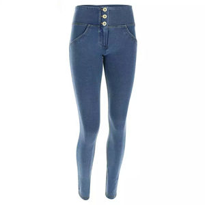 Pantalones de mezclilla ajustados de cintura alta con cierre de botones, azul liso, estilo casual, largos, de punto, de algodón y elastano, pantalones lápiz para mujer - Product Image 2