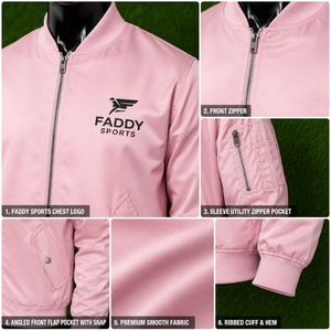 เสื้อแจ็คเก็ตบอมเบอร์สีชมพูสำหรับผู้ชายและผู้หญิง พิมพ์โลโก้ได้ น้ำหนักเบา สไตล์นักบิน กันน้ำ เสื้อแจ็คเก็ตสตรีทแวร์ลำลอง กันลม - Product Image 6