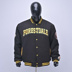 Blouson universitaire en toile pour homme Foreldale, noir et jaune, avec lettrage brodé, style preppy, col montant, personnalisable - Product Image 1