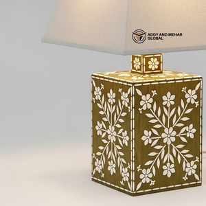 Handmade Brown Floral Bone Inlay <b>Table</b> <b>Lantern</b> with Fabric Shade Decorative Bedside Nightstand <b>Lamp</b> for Living Room Bedroom Deco - Product Image 3
