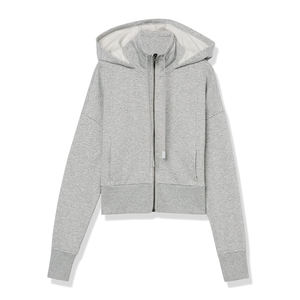 Sweat-shirt gris décontracté à capuche et fermeture éclair pour femme, manches longues, en mélange de coton tricoté respirant, coupe courte, couleur unie, automne - Product Image 2