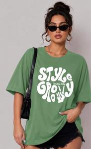Camiseta Verde Extra Grande para Mujer, Estilo Groovy, Corte Holgado, Cuello Redondo, Manga Corta, Primavera Verano, Jersey de Algodón - Product Image 2