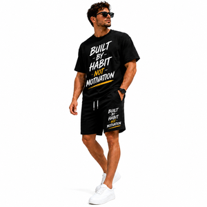 Men's Black Cotton Two Piece Shorts <b>Set</b> Crew Neck Digital Printed Letter Pattern Casual Summer Wear Breathable <b>Knitted</b> - Product Image 3