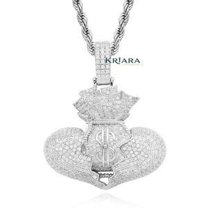 925 Silver Gold Plated Heart Money Bag Pendant With Lab Grown Diamond Inlay Hiphop Charm For <b>Men</b> Everyday Wear - Product Image 2