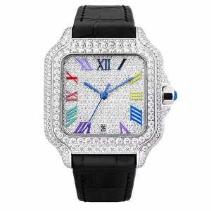 Reloj Mecánico de Lujo con Diamantes Cuadrados, Caja de Acero Inoxidable, Correa de Cuero, Cristal de Zafiro, Visualización de Fecha Analógica, Unisex, 20 mm - Product Image 1