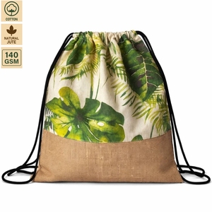 Sac à cordon en coton naturel et jute 140 GSM 38x42 cm, impression CMYK tropicale, logo personnalisé, promotionnel, vente en gros, marque privée, en vrac - Product Image 1