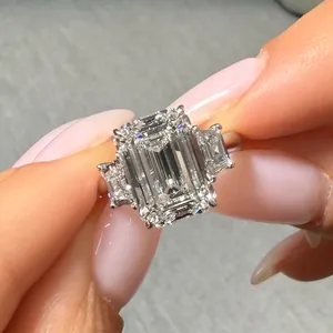 Elegant Timeless Classic Design 5 Carat <b>Emerald</b> Cut Lab Grown Diamond Three Stone Engagement <b>Ring</b> 14K Gold - Product Image 3