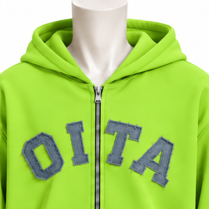 Winter Lime Green Customized Mens Full <b>Zip</b> <b>Hoodie</b> Heavyweight Fleece Chenille Letter Applique Oversized Streetwear Front <b>Pockets</b> - Product Image 3
