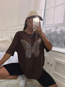 เสื้อยืดลายกากเพชรรูปกากบาทสำหรับผู้หญิง สีแดง คอกลม แขนสั้น ผ้าเจอร์ซีย์ 100% คอตตอน ใส่ได้ทุกฤดู สินค้ามาใหม่ - Product Image 4