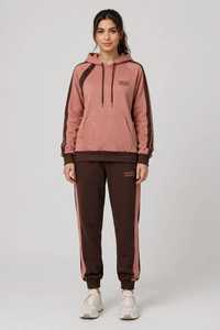 Ensemble de survêtement 2-en-1 pour femme, imprimé color block marron et blanc, en polyester/coton, à manches longues, col roulé zippé, coupe ample et sportive - Product Image 1