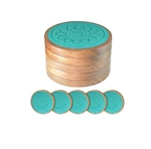 Beautiful Engraved Flower Design Round Wooden Coaster Decorative Water Serving Coaster With Black Metal Stand - Product Image 2