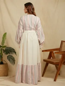 Striped <b>Linen</b> Cotton <b>Maxi</b> <b>Dress</b> With Lantern Sleeves Ruffle Hem Boho Loose Fit O-Neck Summer Casual <b>Dress</b> Sweet Style Natural - Product Image 1