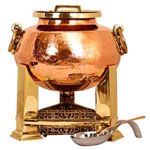 Copper Brass Chafing Dish with Lid Hammered Texture Ornate Rope Design Bow Embellishment Golden Stand Curved Legs Spoon - Product Image 2