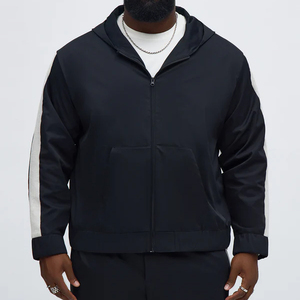 Men's Hooded Zipper Tracksuit Black White Stripe Casual Solid Color Full Sleeve Autumn Breathable Regular Fit Side Pockets - Product Image 2