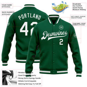 Chaqueta Varsity Verde de Alta Calidad para Hombre, Nombre y Número del Equipo Personalizados, Impresión Serigráfica Delantera y Trasera, Mezcla de Poliéster, OEM, Venta al Por Mayor - Product Image 3