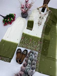 White & Teal Ombre Embroidered <b>Kurti</b> Palazzo Set with Dupatta – Designer Ethnic Party Wear Salwar Suit for Women - Product Image 6