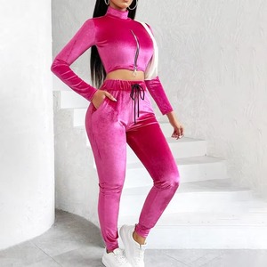 Conjunto Deportivo de Terciopelo Rosa para Mujer, Top Corto de Cuello Alto con Cremallera y Pantalones con Cordón, Ropa Casual de Otoño - Product Image 6